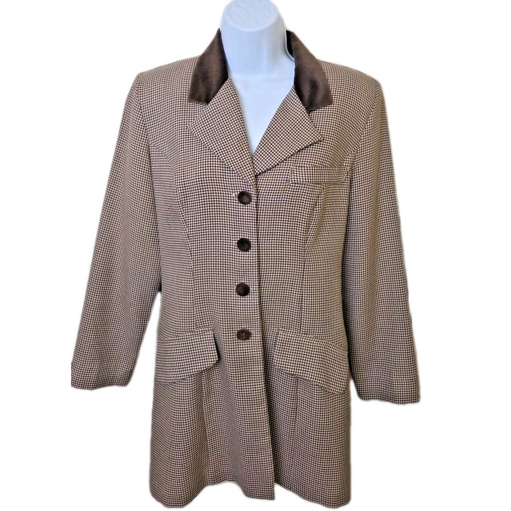 Vtg 90s Equestrian English Country Blazer Velvet Collar Buttons Check 6